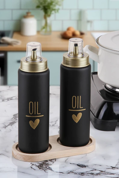 Akkoyunlu home Damlatmaz Yağdanlık Takımı 2'li Cam Yağlık Sirkelik Seti ve Ahşap Altlığı 500ml SİYAH