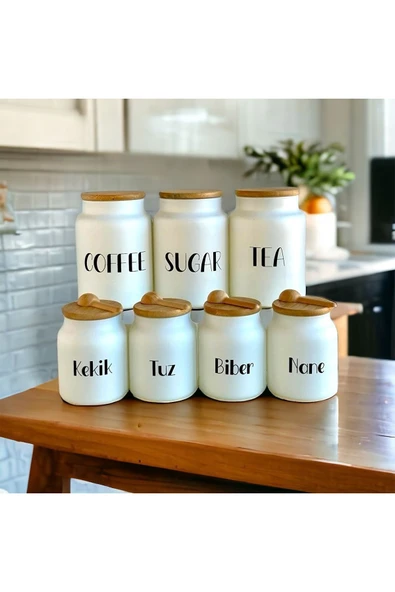 Akkoyunlu home 7'li Bambu Kapaklı Cam Baharatlık Takımı Bambu Kaşıklı (Çay,Kahve,Şeker)Kavanoz Seti