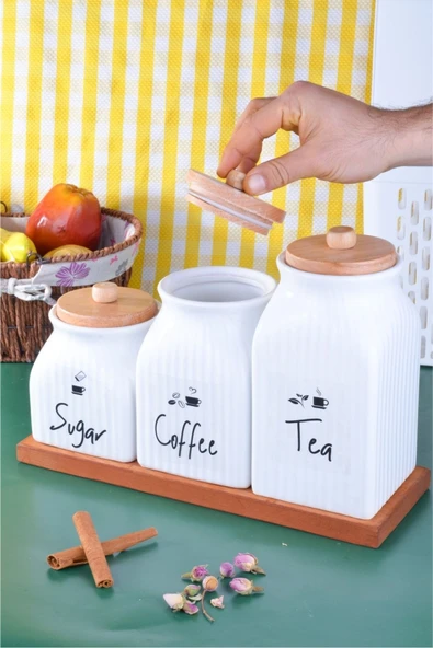 Sezka Life 3 Boy Porselen Ahşap Standlı Bambu Kapaklı Çay Kahve Şeker Kavanozu Ve 3 Adet Şeffaf Etiket - 2