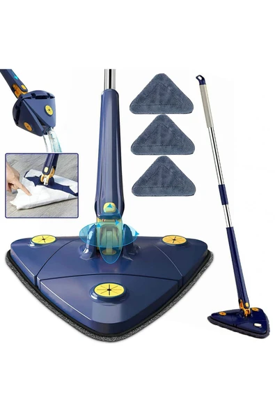 TeknoClass Kendinden Sıkmalı Üçgen Mop 2 Mikrofiber Bezli Cam Duvar Yer Parke Silebilen Mop