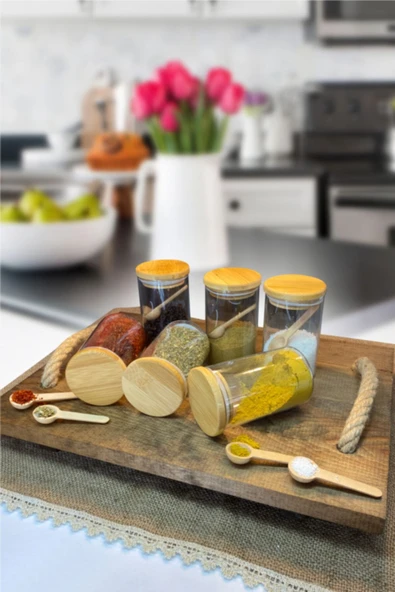 Sezka Life 6'lı Lüx Bambu Kapaklı Bambu Kaşıklı Borosilikat Cam Kavanoz Saklama Kabı Baharatlı - 2