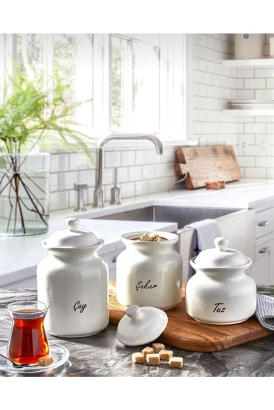 Akkoyunlu home 3'lü Lüks Çay Şeker Tuz Saklama Kavanozu Porselen