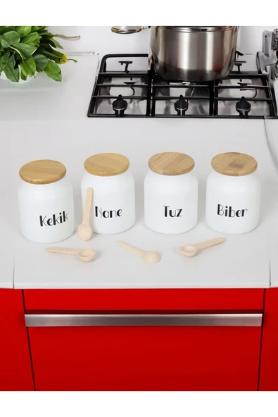 Akkoyunlu home 4'lü Bambu Kapaklı Cam Baharatlık Takımı Kaşıklı (Çay,Kahve,Şeker) Kavanoz Seti 300ml - 4