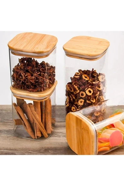 Akkoyunlu home Bambu Vakumlu Kapaklı Sert Plastik Kare Kavanoz Baharatlık Şekerlik Tuzluk 4lü Set - 2