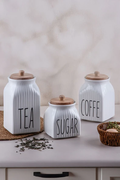 Akkoyunlu home 3 Boy Bambu Kapaklı Vakumlu Çizgili Kavanoz Seti Baharatlık Takımı (TEA-SUGAR-COFFE)
