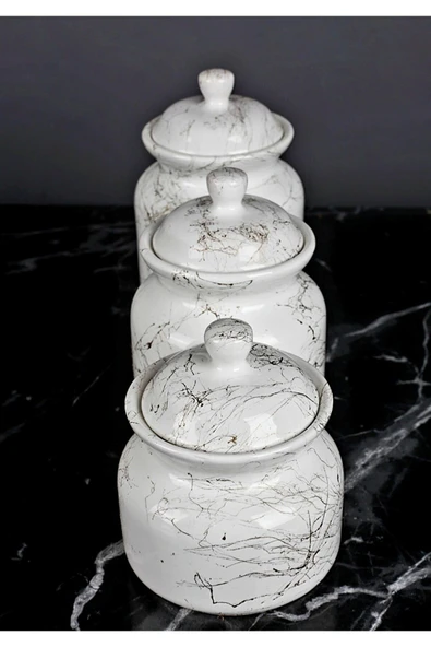 Akkoyunlu home 3 Boy Mermer Desenli Lüks Çay Şeker Tuz Saklama Kavanoz Seti(bakliyat Kavanozu) - 2