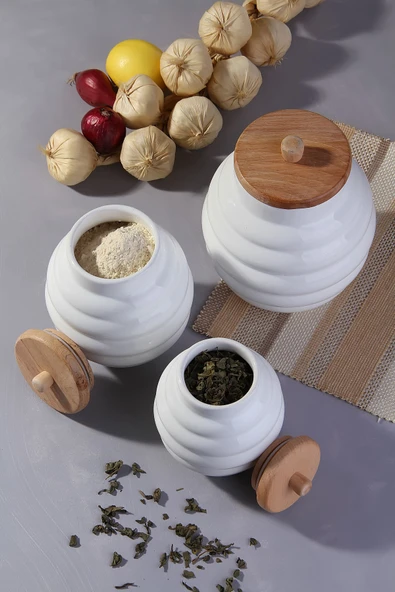 Akkoyunlu home 3 Boy Seramik Bal Kavanoz Bambu Kapaklı  Kavanoz Takımı 3'lü Kavanoz Seti Baharatlık - 2