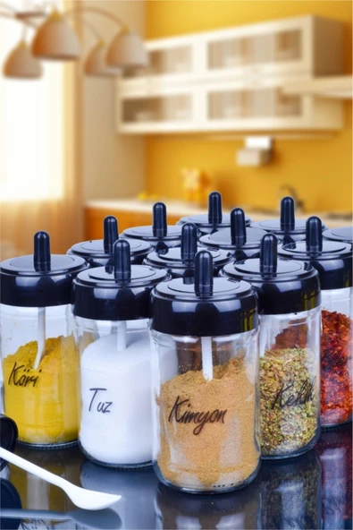 Sezka Life 12 Adet Kapağı Kendinden Kaşıklı Cam Baharatlık Seti Ve 30 Adet Suya Dayanıklı Şeffaf Etiket-300ml - 2
