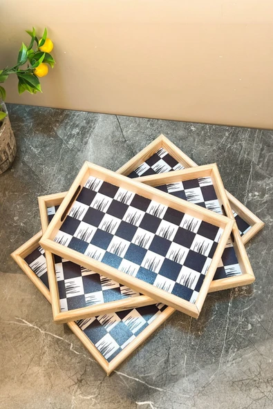 Akkoyunlu home 3'lü Dama Ahşap Tepsi Servis Tepsisi 3 Boy Sunum Tepsi