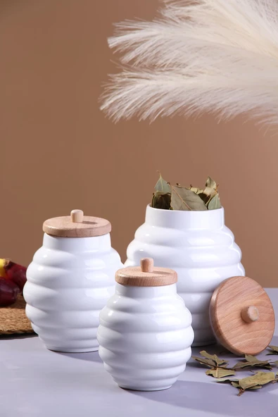 Akkoyunlu home 3 Boy Seramik Bal Kavanoz Bambu Kapaklı  Kavanoz Takımı 3'lü Kavanoz Seti Baharatlık