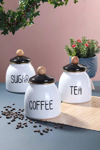 Akkoyunlu home Emaye 3'lü Sugar-Tea-Coffe Kavanoz Takımı Emaye Kavanoz Seti 3 Boy Tezgah Üstü Set