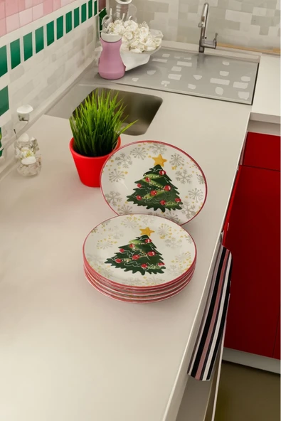 Akkoyunlu home Çam Ağacı Desenli Yılbaşı Özel 6 Adet Pasta ve Servis Tabağı ,Pasta,Servis Tabağı - 8