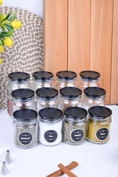 Akkoyunlu home 12 Adet Ölçekli Akrilik Kapaklı 3 Boy Cam Baharatlık Kavanozu Ve Etiket Seti - 2