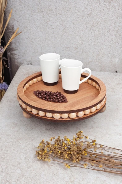 Akkoyunlu home Sezka Life Ahşap Boncuklu 25 cm Yuvarlak Küçük Dekoratif Tepsi Banyo,Ev,Dekor Tepsisi - 2