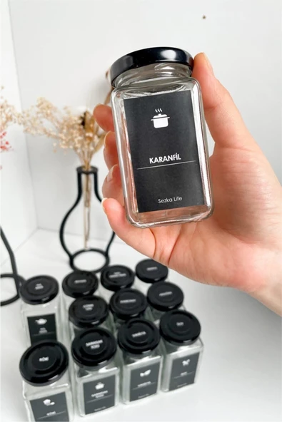 Sezka Life 12 Adet Metal Kapaklı Kavanoz Baharatlık Ve 40 40 Adet Baharat Etiket Seti - 160ml - 3