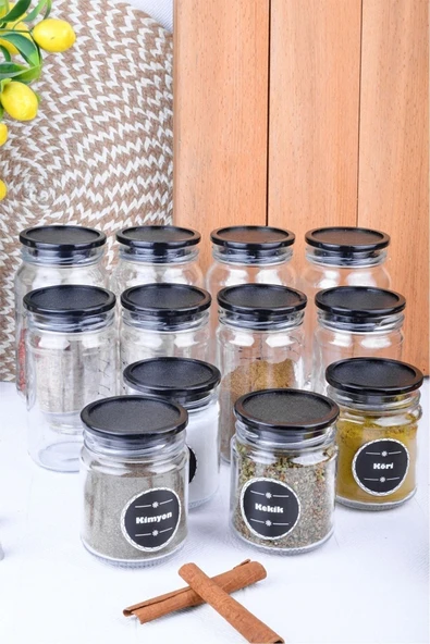 Akkoyunlu home 12 Adet Ölçekli Akrilik Kapaklı 3 Boy Cam Baharatlık Kavanozu Ve Etiket Seti