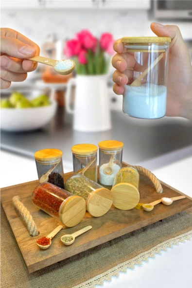 Sezka Life 6'lı Lüx Bambu Kapaklı Bambu Kaşıklı Borosilikat Cam Kavanoz Saklama Kabı Baharatlı