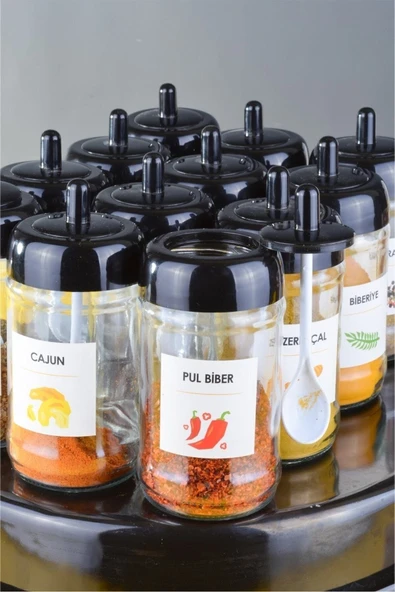 Sezka Life 12 Adet Kapağı Kendinden Kaşıklı Baharatlık Seti Ve 24 Adet Suya Dayanıklı Etiket-300ml - 3