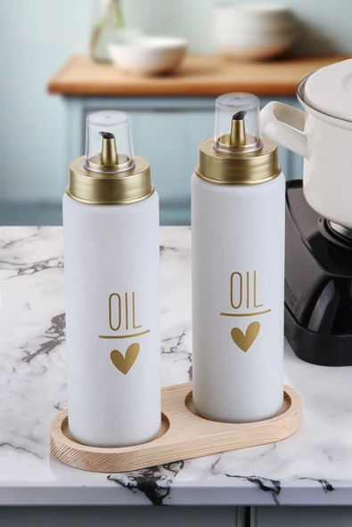 Sezka Life Damlatmaz Yağdanlık Takımı 2'li Cam Yağlık Sirkelik Seti ve Ahşap Altlığı 500ml Beyaz