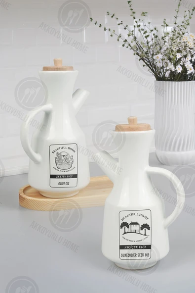 Akkoyunlu home 2 Adet Standlı Bambu Kapaklı Seramik Yağlık & Z.yağdanlık Yağdanlık ve Siyah Etiketi - 2