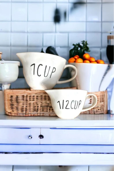Akkoyunlu home Kulplu  Seramik Ölçü Kabı 250 ml ve 500 ml 2'Li  Ölçüm Kabı