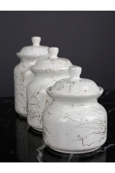 Akkoyunlu home 3 Boy Mermer Desenli Lüks Çay Şeker Tuz Saklama Kavanoz Seti(bakliyat Kavanozu) - 3