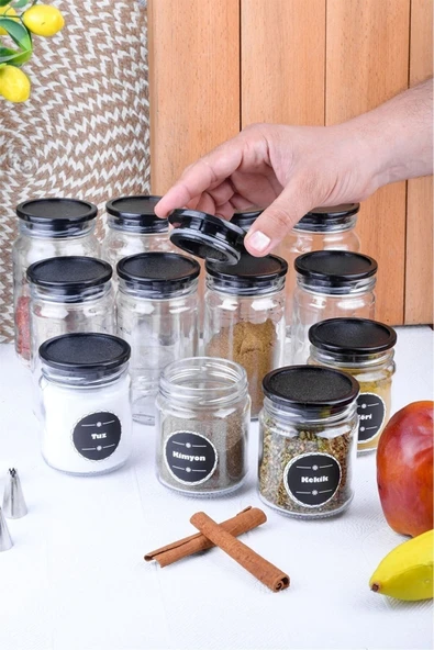 Akkoyunlu home 12 Adet Ölçekli Akrilik Kapaklı 3 Boy Cam Baharatlık Kavanozu Ve Etiket Seti - 3