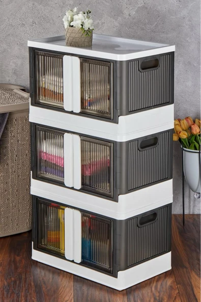 Akkoyunlu home 3lü Katlanır Istiflenebilir Çift Kapaklı Düzenleyici Organizer Kutu Antrasit - 2
