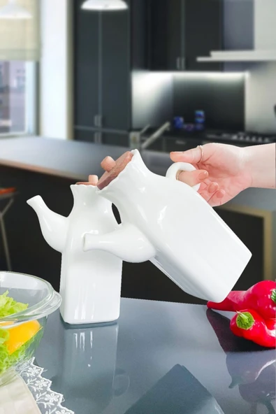 Sezka Life 2 Adet Bambu Kapaklı Porselen Yağlık & Sirkelik Ahşap Standlı 1000ml - 2