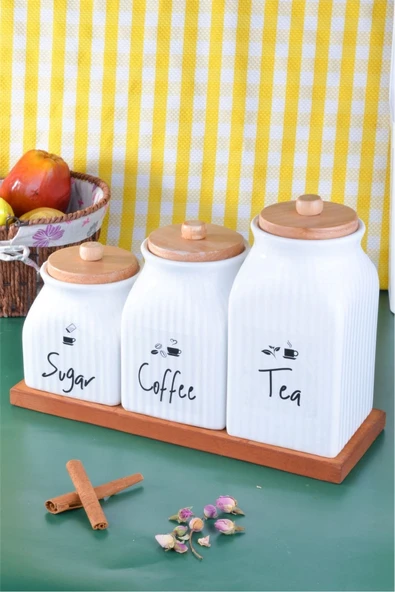 Sezka Life 3 Boy Porselen Ahşap Standlı Bambu Kapaklı Çay Kahve Şeker Kavanozu Ve 3 Adet Şeffaf Etiket - 3