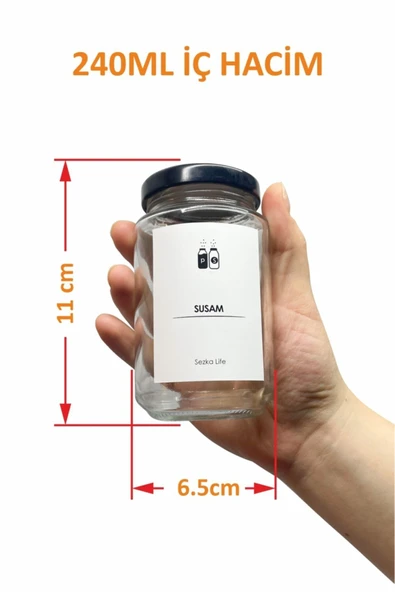 Sezka Life 12'li Metal Kapaklı Bambu Kaşıklı Cam Kavanoz Baharatlık Ve 32 Adet Baharat Etiket Seti - 240ml - 3