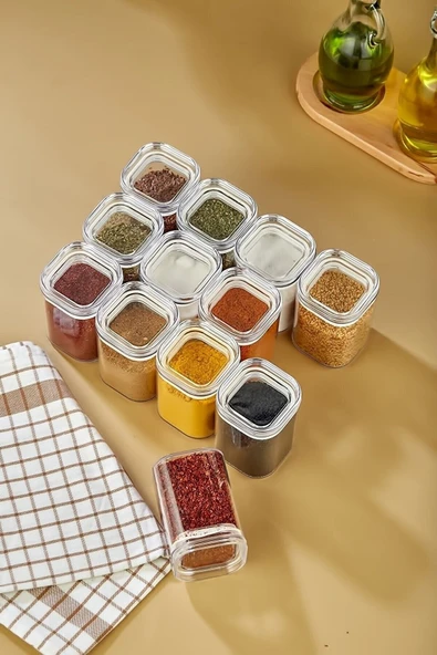 Akkoyunlu home 12 Adet Vakumlu Kristal Mika Kare Saklama Kabı - Hava Geçirmez Baharatlık 4'er Adet 200-250-300 Ml - 2