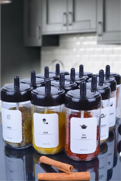 Sezka Life 12 Adet Kapağı Kendinden Kaşıklı Cam Baharatlık Seti Ve 30 Adet Ikonlu Etiket Seti -300ml - 2