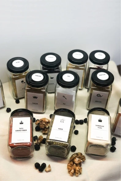 Sezka Life 12 Adet Metal Kapaklı Kavanoz Baharatlık Ve 40 40 Adet Baharat Etiket Seti -160ml - 2