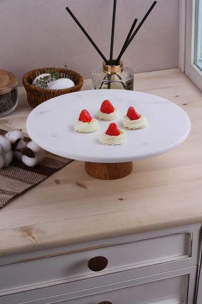 Akkoyunlu home Desenli Mermer Ahşap Ayaklı Yuvarlak  Sunumluk Pasta Servis Sunumluğu Tabak 25 cm - 2