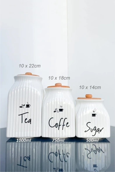 Sezka Life 3 Boy Porselen Bambu Kapaklı Çay Kahve Şeker Kavanozu Ve 3 Adet Suya Dayanıklı Şeffaf Etiket - 3