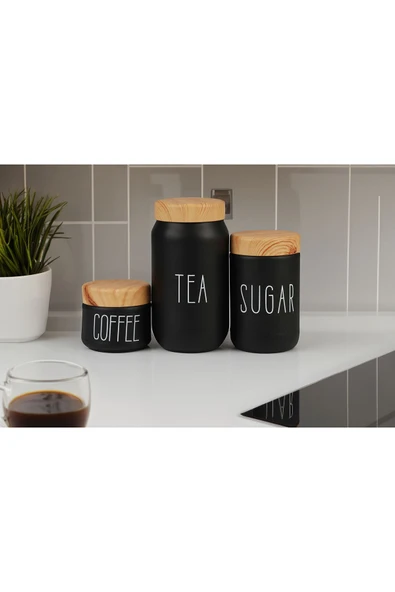 Sezka Life 3 Boy Çay Kahve Şeker Kavanozu Cam Kavanoz Seti Ahşap Görünümlü (Plastik) Kapak - 6