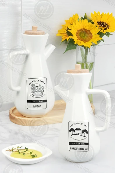 Akkoyunlu home 2 Adet Standlı Bambu Kapaklı Seramik Yağlık & Z.yağlık Yağdanlık ve Siyah Etiketi - 2