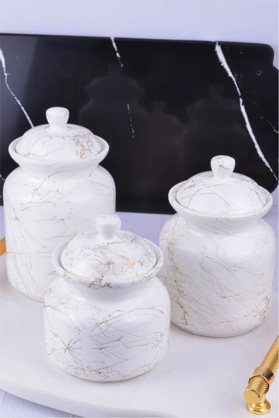 Sezka Life 3 Boy Mermer Desenli Seramik Çay Kahve Şeker Kavanozu - 2