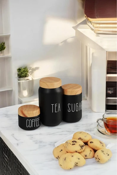 Sezka Life 3 Boy Çay Kahve Şeker Kavanozu Cam Kavanoz Seti Ahşap Görünümlü (Plastik) Kapak - 7
