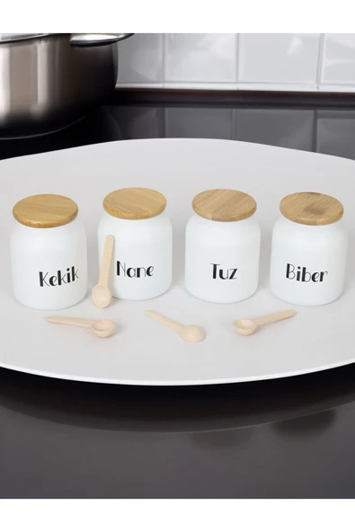 Akkoyunlu home 4'lü Bambu Kapaklı Cam Baharatlık Takımı Kaşıklı (Çay,Kahve,Şeker) Kavanoz Seti 300ml - 3