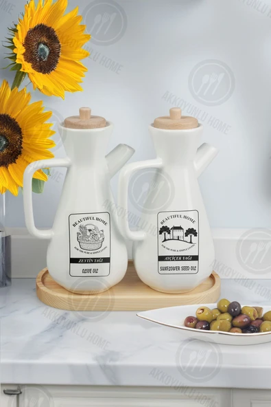 Akkoyunlu home 2 Adet Standlı Bambu Kapaklı Seramik Yağlık & Z.yağlık Yağdanlık ve Siyah Etiketi - 3