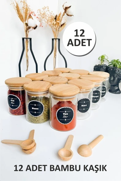 Sezka Life 12'li Bambu Kapaklı Bambu Kaşıklı Borosilikat Baharatlık Ve 21 Adet Suya Dayanıklı Etiket-6x9-200ml