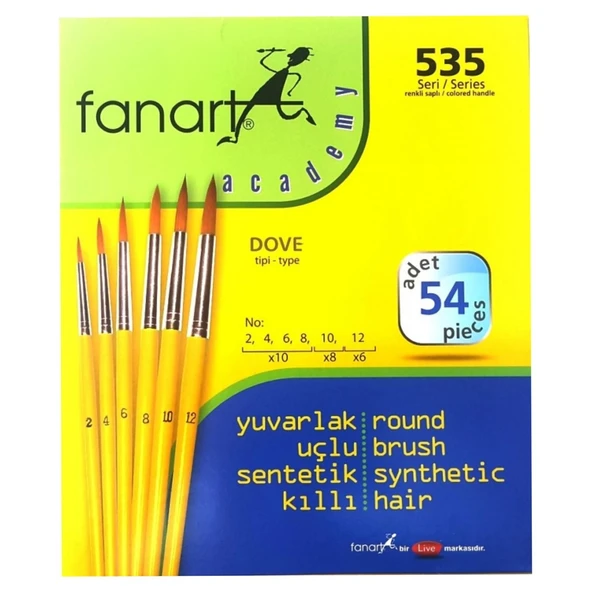 Fanart Academy Seri 535C Sentetik Kıl Yuvarlak Fırça Seti No:2-4-6-8-1012 54 lü (7535C.S2)