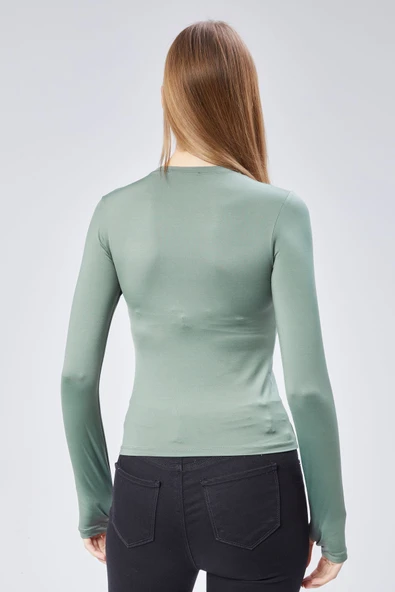 Basic Bisiklet Yaka Uzun Kollu Slim Fit Kadın Body T-shirt - 5