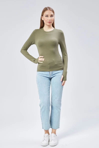 Basic Bisiklet Yaka Uzun Kollu Slim Fit Kadın Body T-shirt - 8