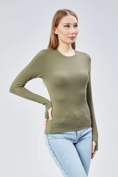 Basic Bisiklet Yaka Uzun Kollu Slim Fit Kadın Body T-shirt - 11