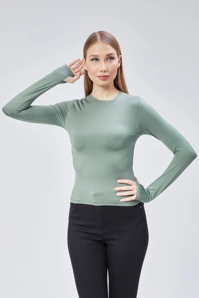 Basic Bisiklet Yaka Uzun Kollu Slim Fit Kadın Body T-shirt - 3