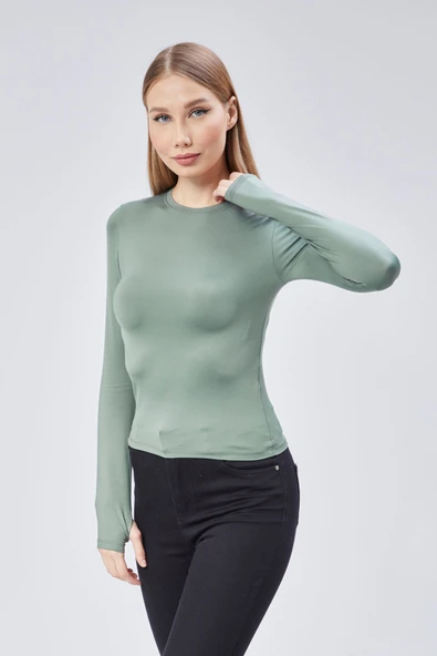Basic Bisiklet Yaka Uzun Kollu Slim Fit Kadın Body T-shirt - 4