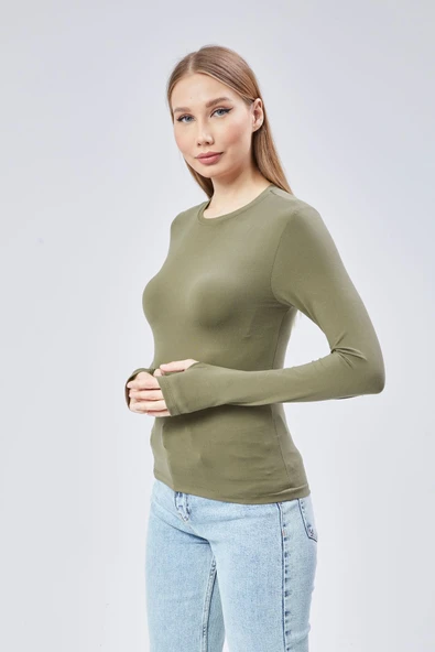 Basic Bisiklet Yaka Uzun Kollu Slim Fit Kadın Body T-shirt - 10